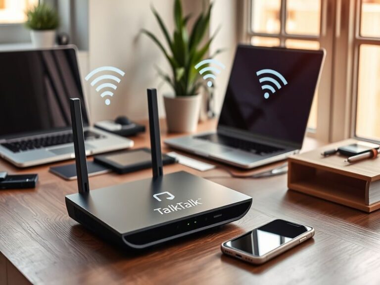 A split-screen image showing a modern suburban home with a TalkTalk router on a desk (left side) and a frustrated customer on