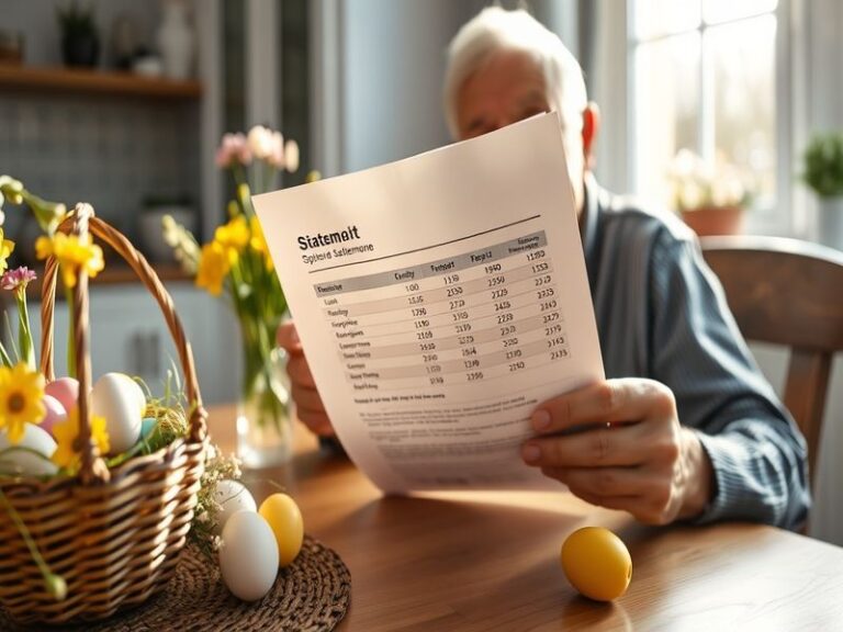An elderly couple discussing their finances at home, with Easter decorations in the background, creating a warm and inviting