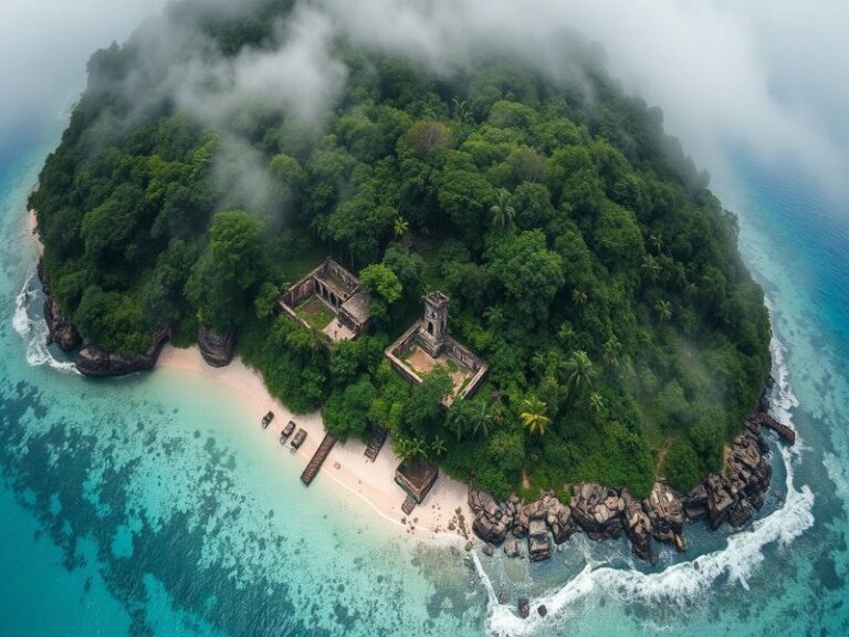 Aerial view of a remote forgotten island with lush greenery, white sandy beaches, and turquoise waters, showcasing its untouc