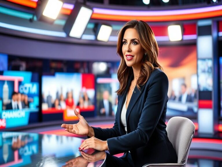 A professional portrait of Abby Huntsman, smiling confidently in a studio setting, with a backdrop of news-related imagery, c