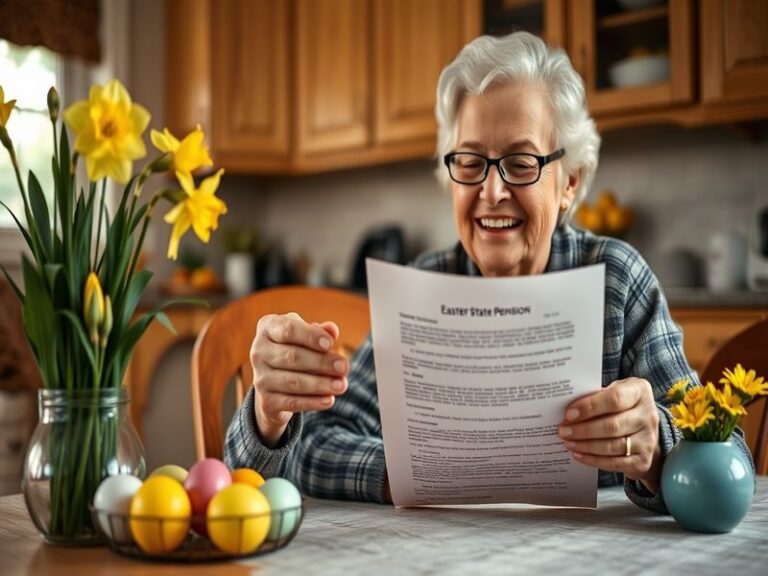 An illustration showing an elderly person reviewing their finances during Easter, with festive decorations in the background,