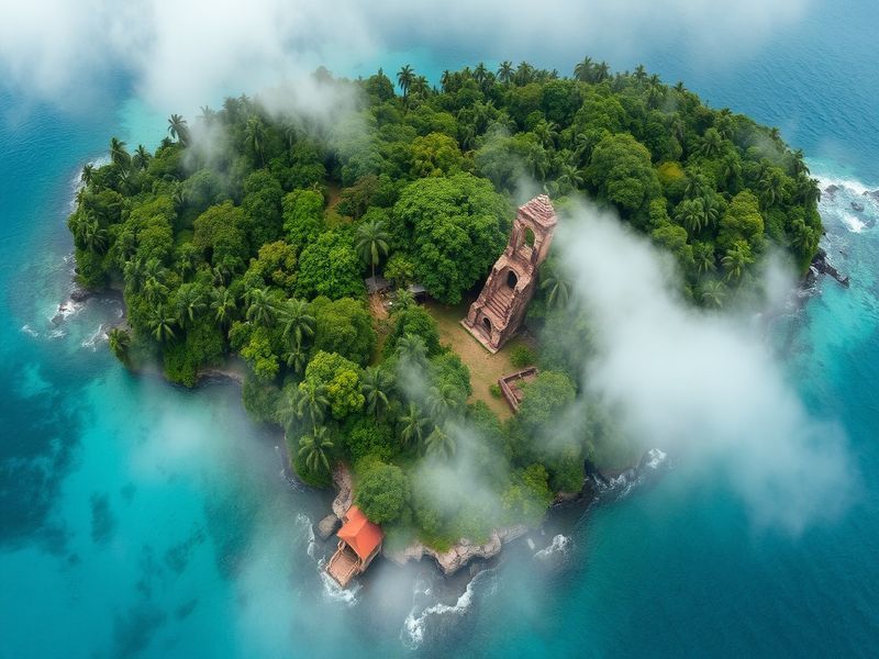 Aerial view of the forgotten island showcasing lush green landscapes, ancient ruins, and crystal-clear waters, evoking a sens