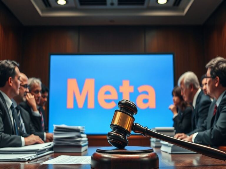 A split-screen image: on the left, a courtroom gavel and legal documents; on the right, a smartphone displaying a Meta app in