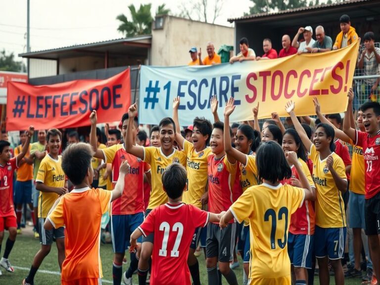 A vibrant scene from a Hashtag United match, featuring enthusiastic fans, players in action, and the club's distinctive brand