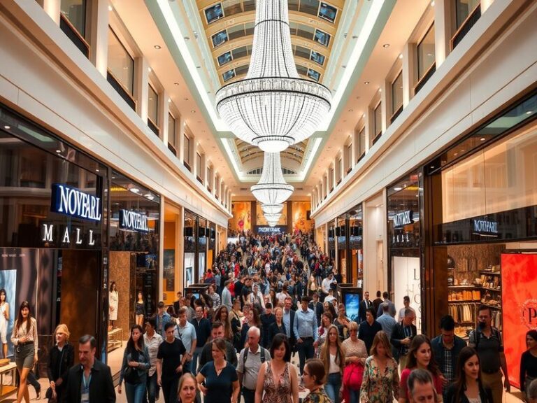 A vibrant interior view of NorthPark Mall showcasing luxury shops, art installations, and shoppers enjoying their experience.