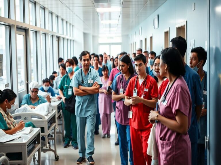 A collage of Grey’s Anatomy cast members in surgical scrubs, standing in the iconic Seattle Grace Hospital hallway, with a wa