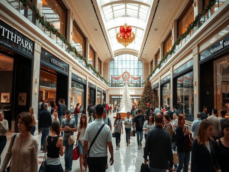 A vibrant interior view of NorthPark Mall showcasing luxury stores, art installations, and shoppers enjoying the space.