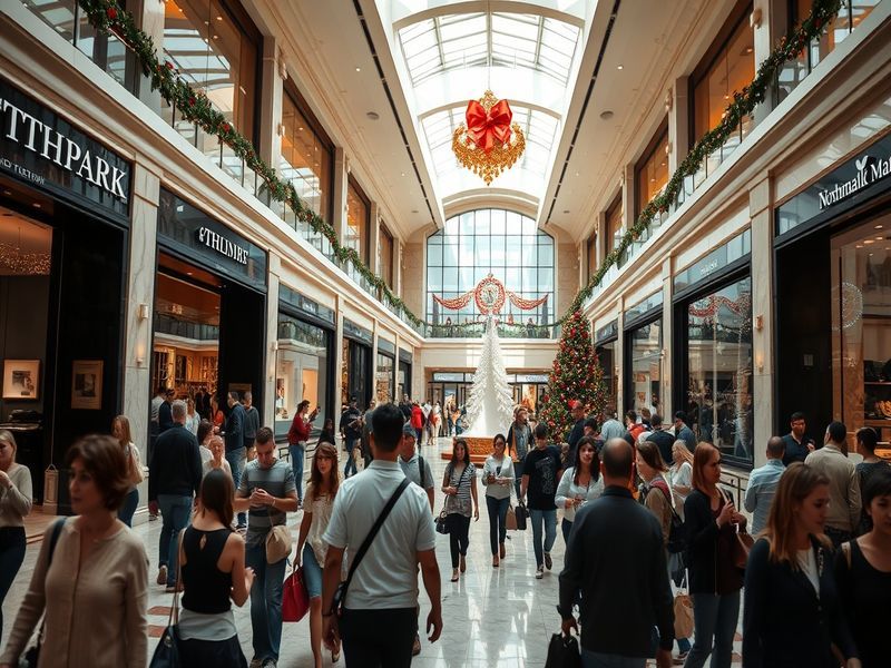 A vibrant interior view of NorthPark Mall showcasing luxury stores, art installations, and shoppers enjoying the space.