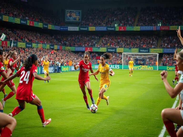 A dynamic shot of a UEFA Women's Champions League match in a packed stadium, with players in action under bright floodlights.