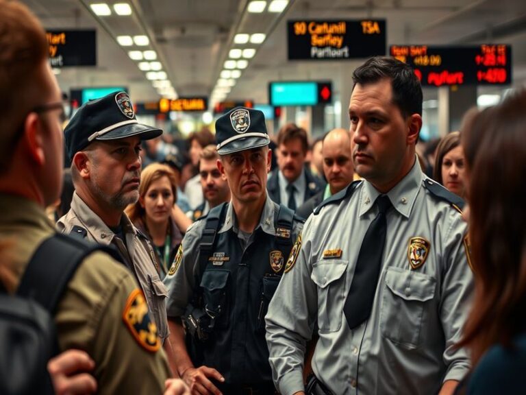 A busy airport terminal showcasing TSA agents screening passengers and ICE agents monitoring customs, with travelers and lugg