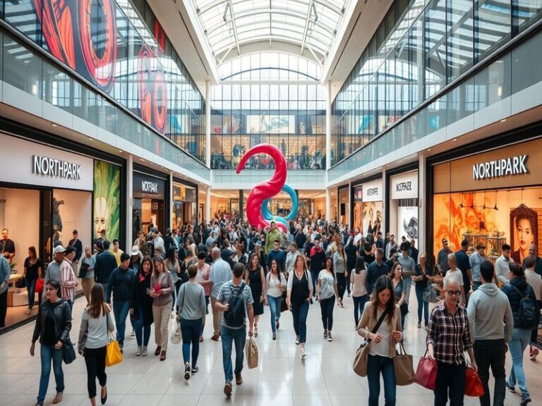 A vibrant view of NorthPark Mall showcasing its modern architecture, luxury storefronts, and art installations, creating an i