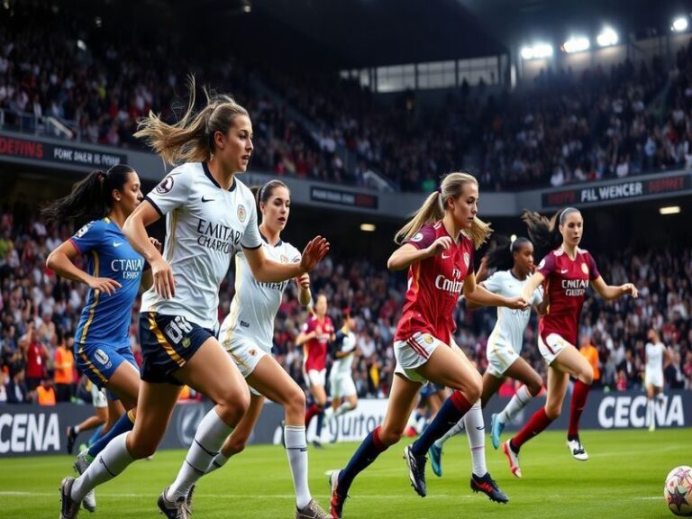 A vibrant stadium scene featuring players from different clubs competing in the UEFA Women's Champions League, with fans chee