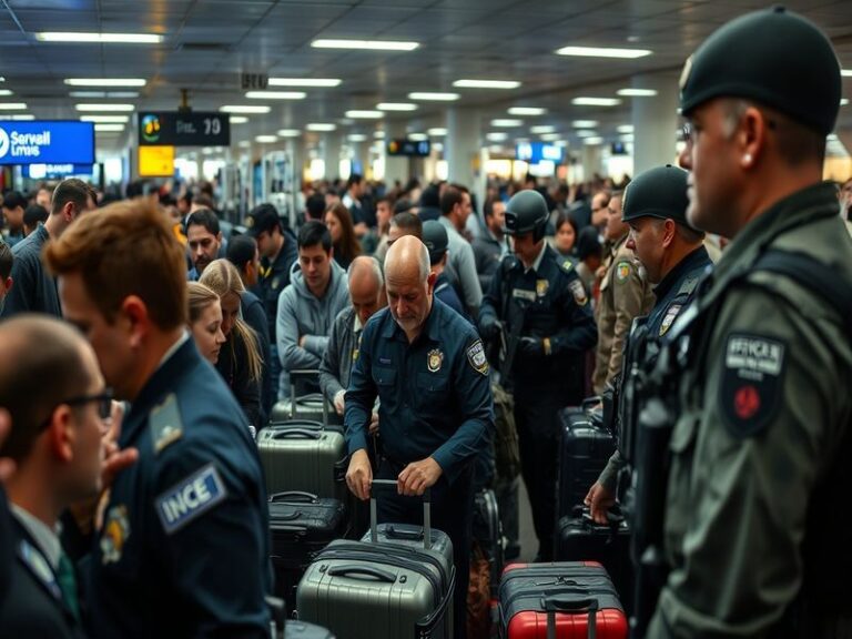 A busy airport terminal with TSA agents conducting security checks and ICE agents visibly monitoring the area, highlighting t