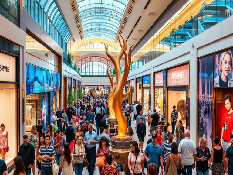 A vibrant view of NorthPark Mall showcasing its elegant architecture, luxury storefronts, and shoppers enjoying the spacious