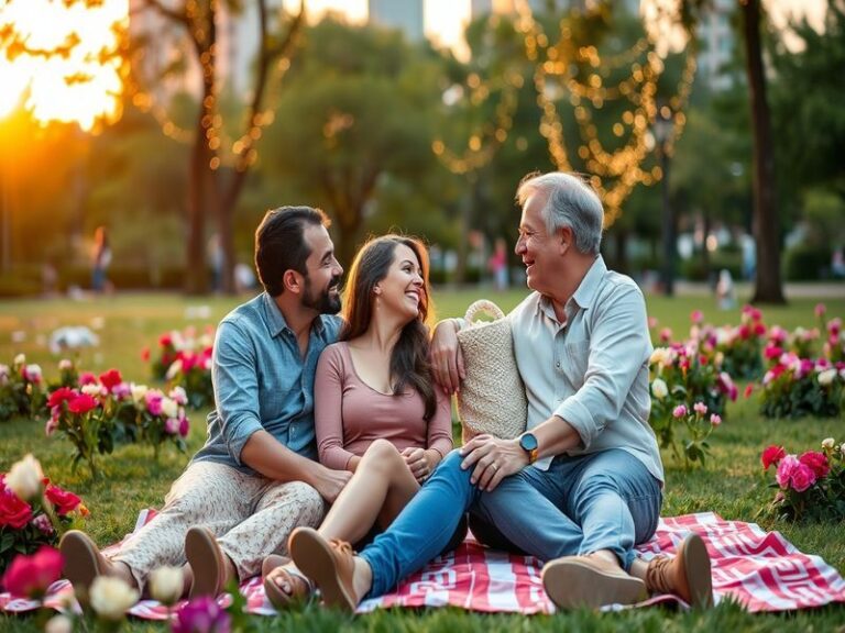 A warm and inviting image of a diverse couple enjoying a picnic in a park, symbolizing love across generations.