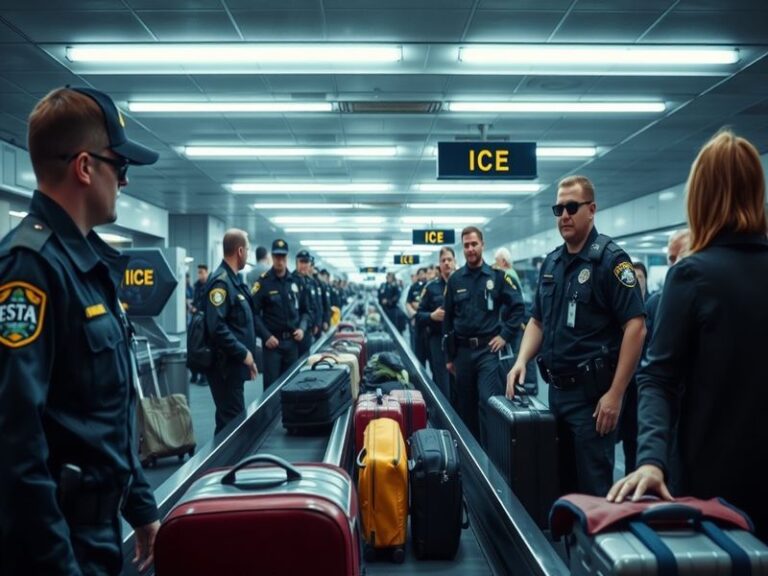 A split-screen image of a TSA agent at a security checkpoint on one side and an ICE agent in uniform on the other, with a mod