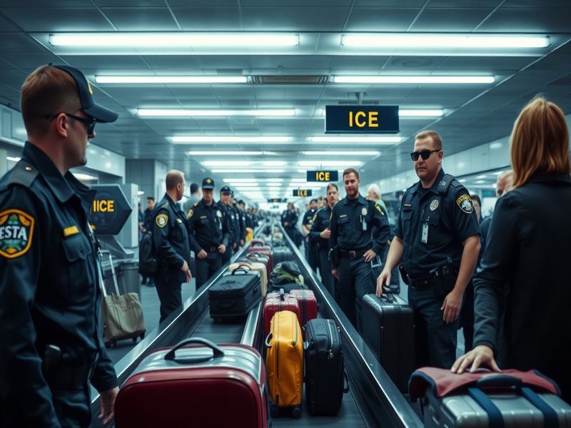 A split-screen image of a TSA agent at a security checkpoint on one side and an ICE agent in uniform on the other, with a mod