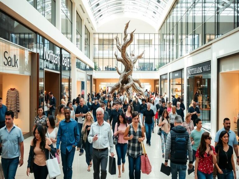 A vibrant interior shot of NorthPark Mall showcasing shoppers enjoying a sunny day, with art installations and lush greenery