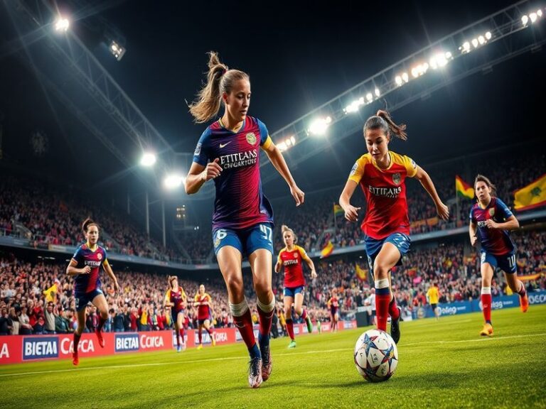 A vibrant stadium filled with cheering fans during a UEFA Women's Champions League match, showcasing players in action on the