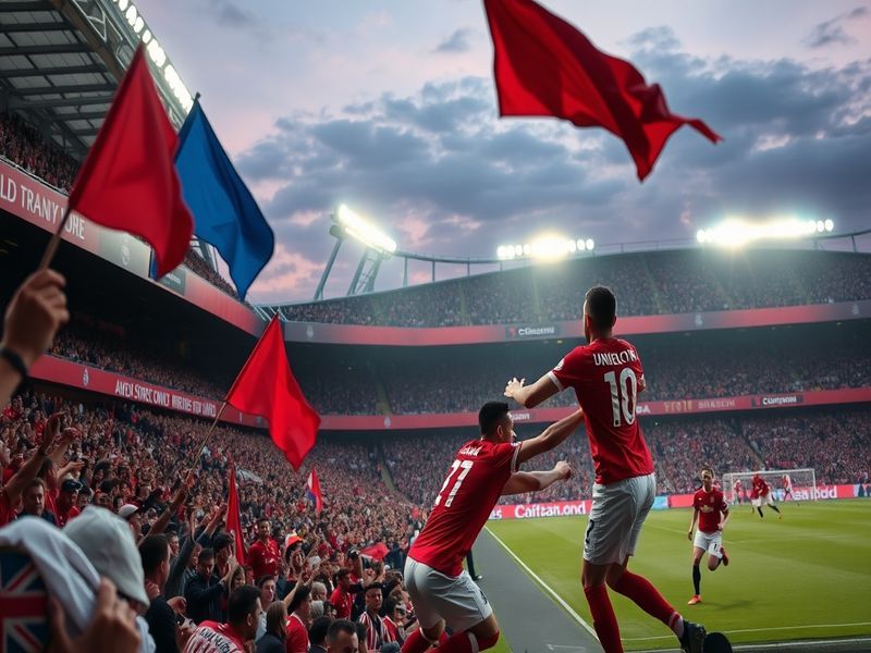 A dramatic scene from a Manchester United vs Bayern Munich match, featuring players in action, fans cheering in the stands, a