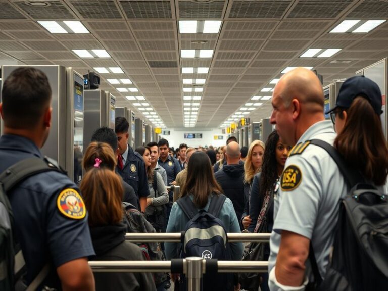 A wide-angle shot of a busy airport security checkpoint with TSA agents scanning passengers, while an ICE agent in uniform ob