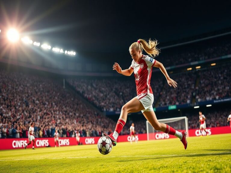 An action shot from a UEFA Women's Champions League match, showcasing players in dynamic motion, with a stadium filled with c