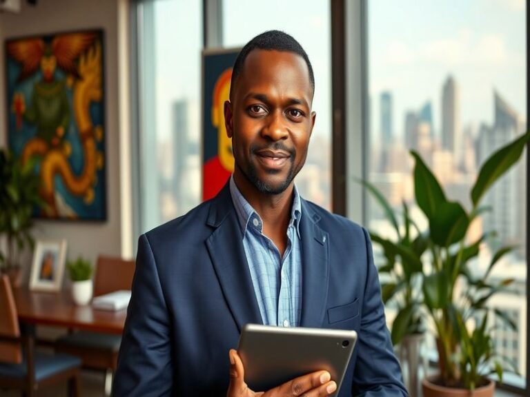 A portrait of Kayode Awosika, showcasing him in a business setting, wearing a suit, with a confident expression, surrounded b