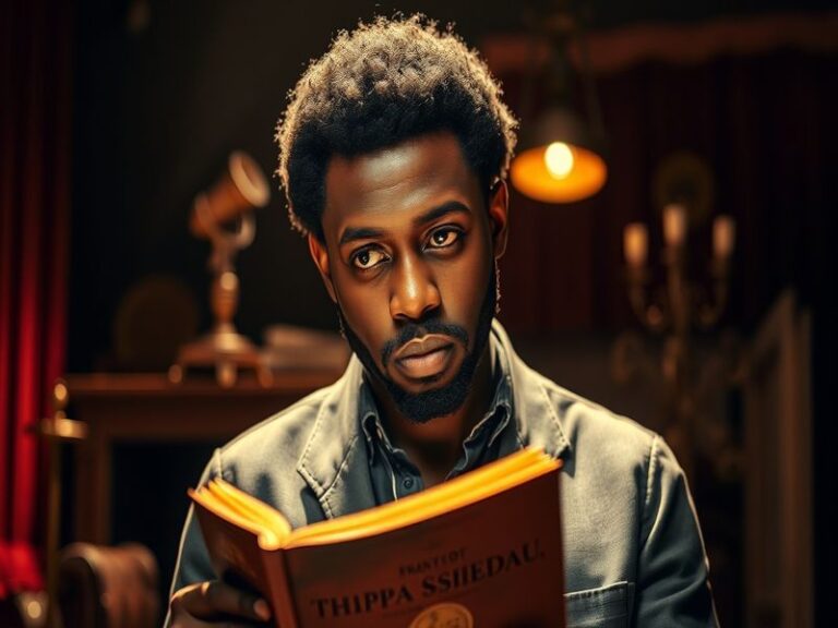 A dynamic portrait of Paapa Essiedu on a London street at dusk, dressed in a leather jacket with a contemplative expression,