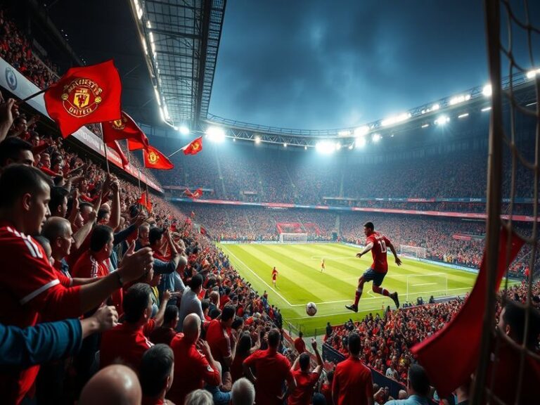 A dramatic football match scene featuring Manchester United and Bayern Munich players in action, showcasing intense competiti