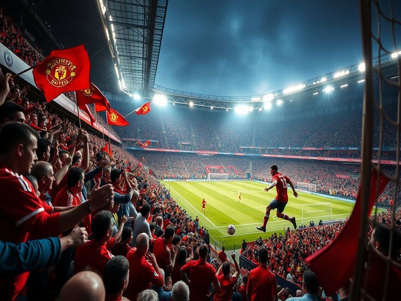 A dramatic football match scene featuring Manchester United and Bayern Munich players in action, showcasing intense competiti