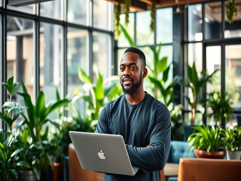 A portrait of Kayode Awosika, captured in a modern office setting, surrounded by technology and innovation-themed decor, conv