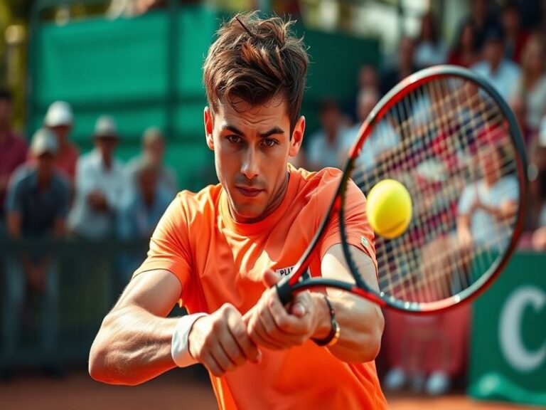 Action shot of Lehecka during a tennis match, showcasing his powerful serve and focused expression on a vibrant court.