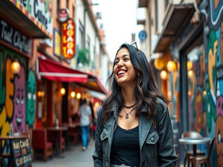 A vibrant photo of Noelia Castillo Ramos in a stylish outfit, showcasing her unique fashion sense against a colorful urban ba