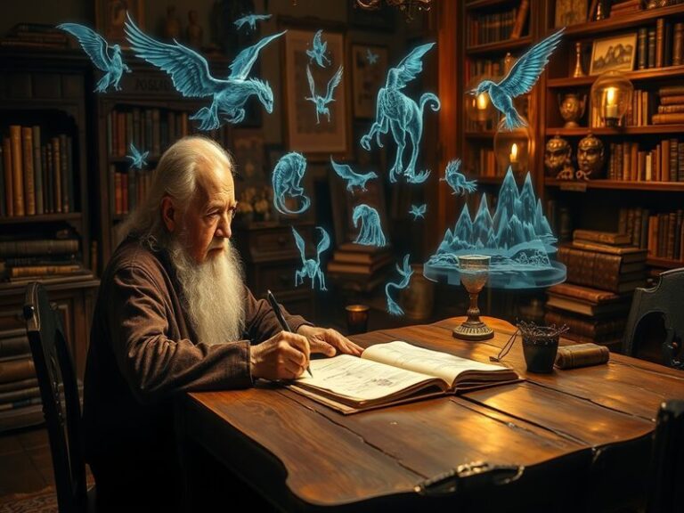 An illustration depicting a diverse group of MTG designers brainstorming ideas, surrounded by cards and game mechanics, in a