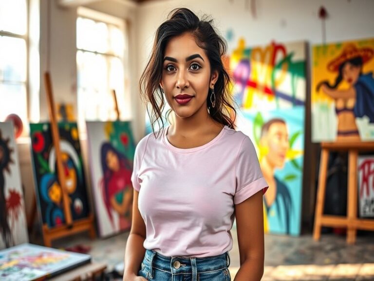 A vibrant portrait of Noelia Castillo Ramos, smiling and interacting with her followers, set against a colorful backdrop that