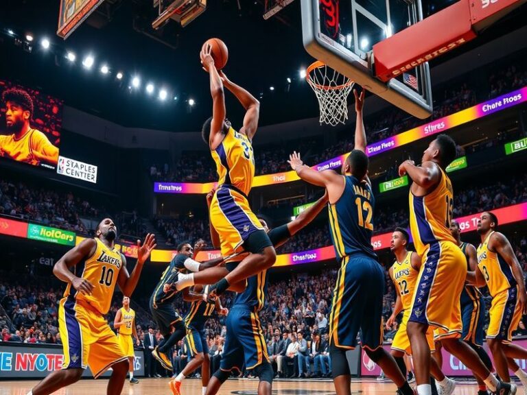 A dynamic NBA court scene featuring Lakers vs. Pacers players in action, with LeBron James and Tyrese Haliburton as focal poi