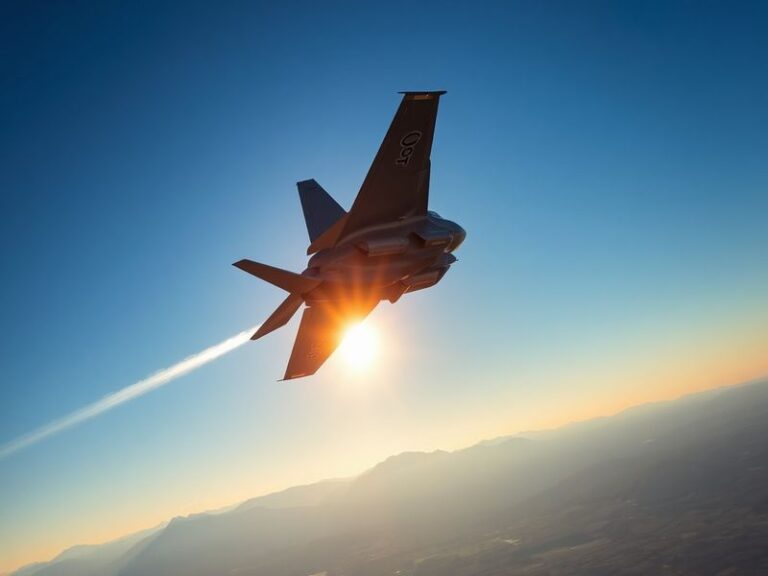 A sleek F-35 fighter jet soaring through a clear blue sky, showcasing its advanced design and stealth features, with a backdr