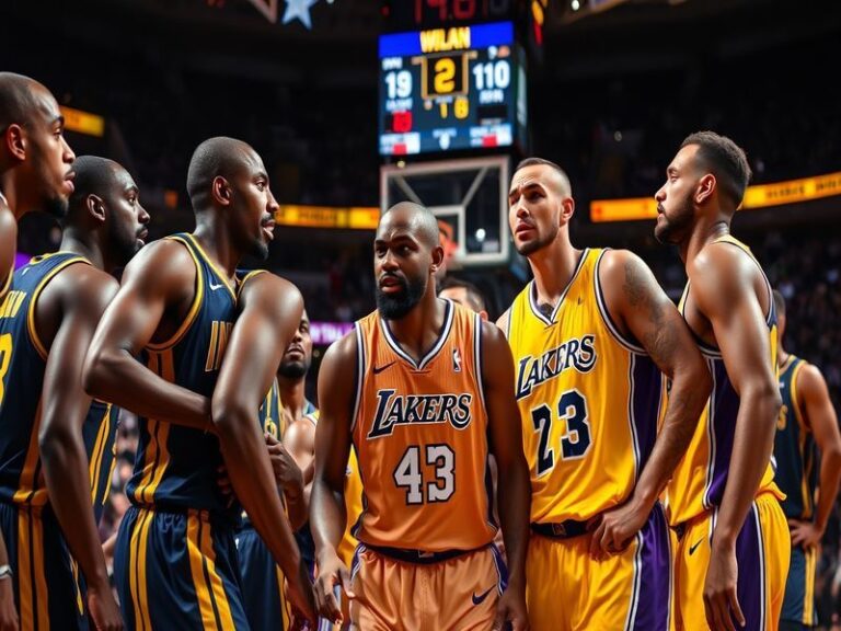A split-image visual: Left side shows Lakers players in purple and gold on a glamorous Los Angeles court with bright lights a