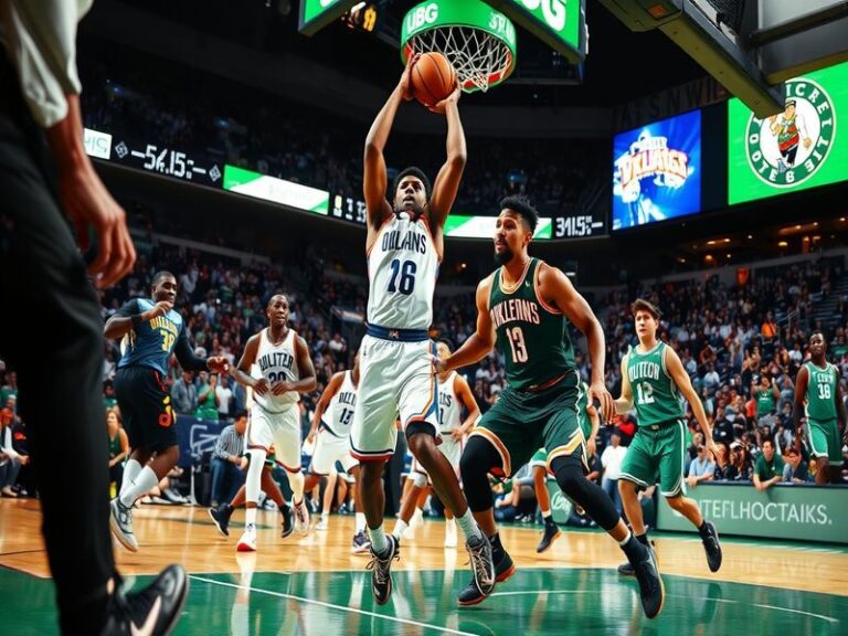 A thrilling basketball game atmosphere featuring players from the Thunder and Celtics, showcasing intense competition and pas