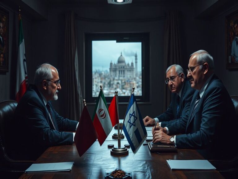 A tense but hopeful depiction of diplomats shaking hands in a meeting room, symbolizing the pursuit of peace amidst conflict.