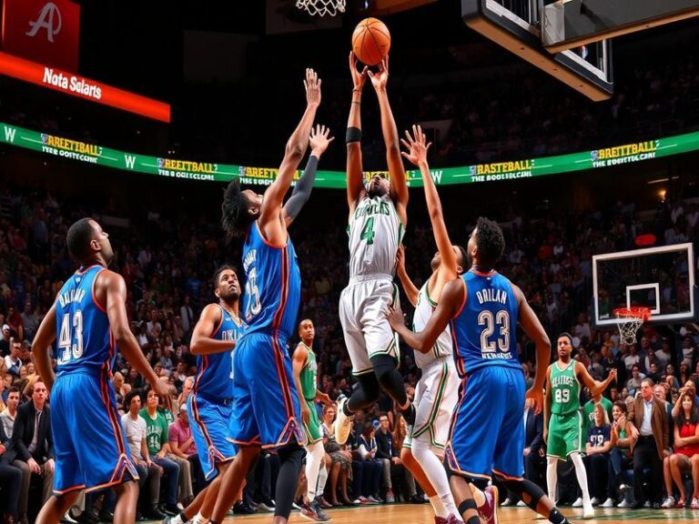 A dynamic NBA action shot featuring the Thunder and Celtics mid-game, highlighting the contrasting styles—Thunder players in