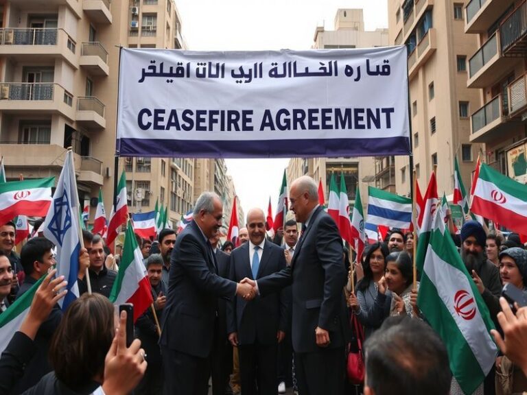 A tense landscape depicting a military standoff between Iran and Israel, with soldiers on both sides, contrasting flags, and