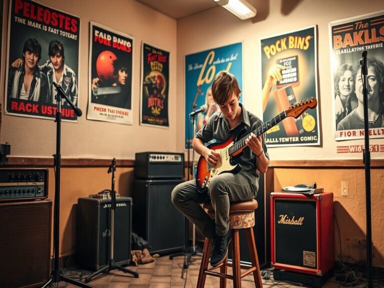 A vibrant illustration of a 1960s rock band performing on stage, capturing the energetic atmosphere of the era.