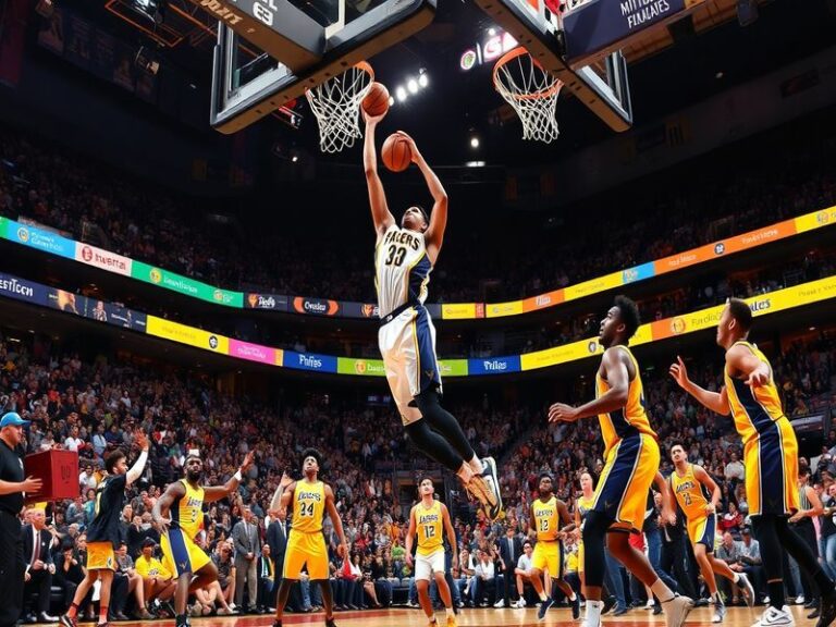 A dynamic image capturing the intensity of a Pacers vs Lakers game, featuring players in action, the crowd in the background,