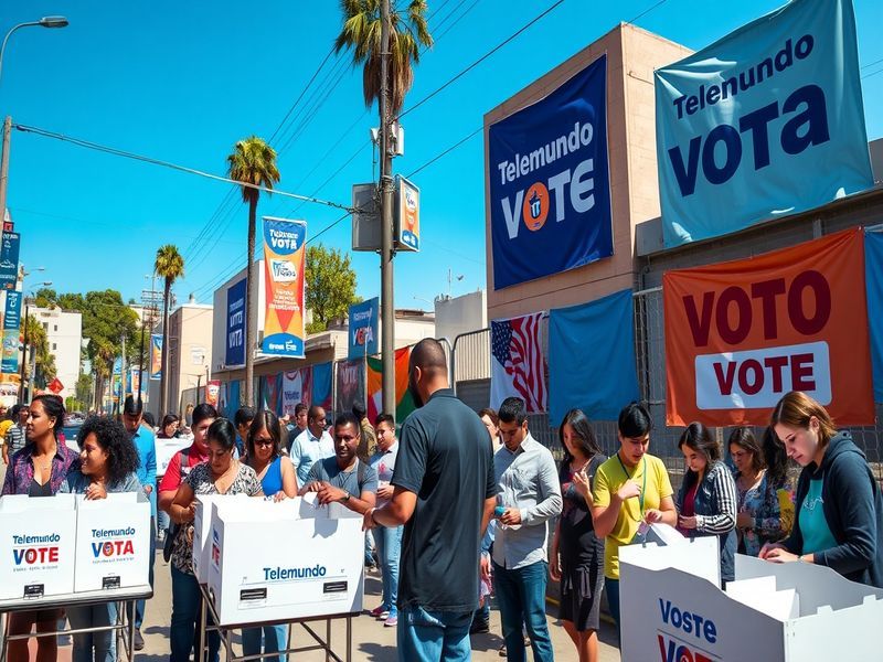 A vibrant collage featuring a diverse group of Latino individuals at a voter registration booth, with Telemundo Vota branding