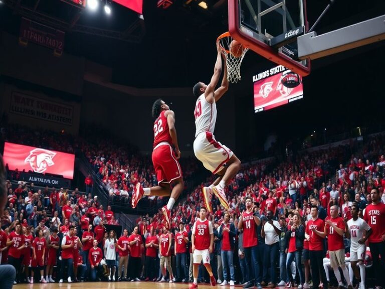 An action shot of an Illinois State basketball game, featuring players in vibrant red jerseys, a packed crowd in the backgrou