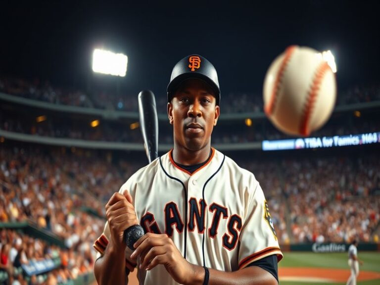 An action shot of Barry Bonds hitting a home run, showcasing his powerful swing, with a cheering crowd in the background.