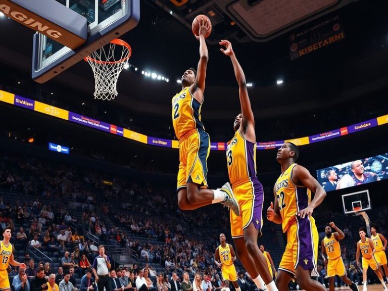 Action-packed moment from a Pacers vs. Lakers game, featuring players in vibrant uniforms, intense expressions, and a packed