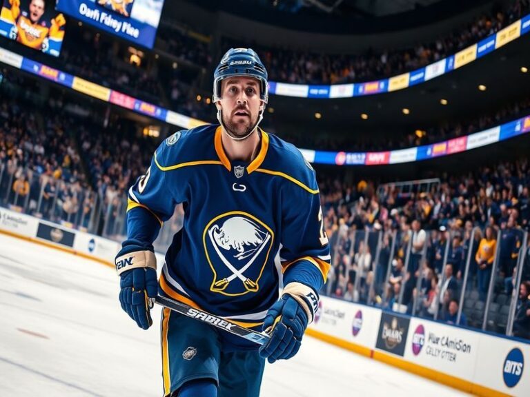 A vibrant scene at KeyBank Center during a Sabres game, filled with fans in blue and gold jerseys, bright stadium lights, and