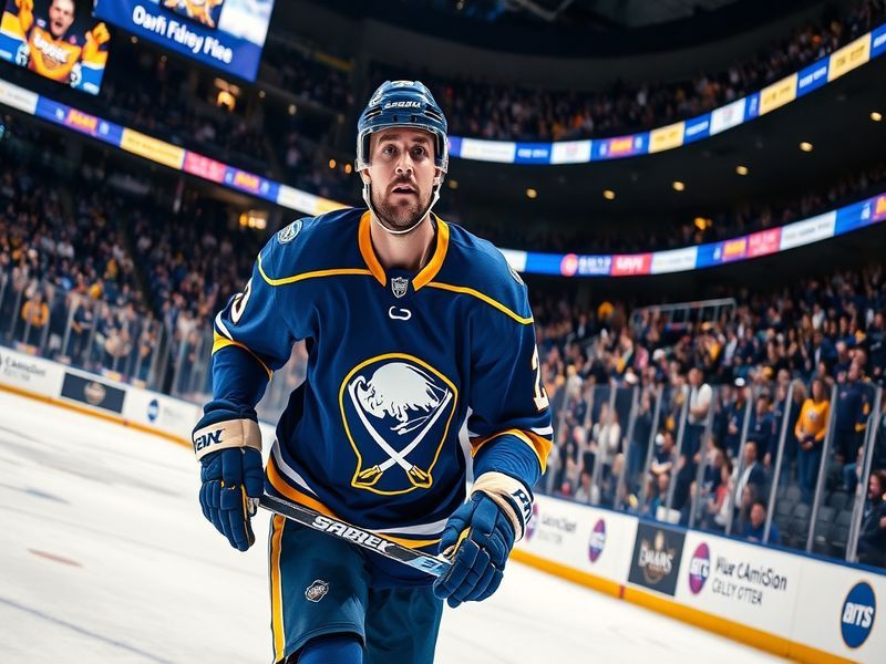 A vibrant scene at KeyBank Center during a Sabres game, filled with fans in blue and gold jerseys, bright stadium lights, and